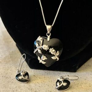 Vintage Black Onyx Heart Jewelry Set Earrings and Necklace Sterling Silver
